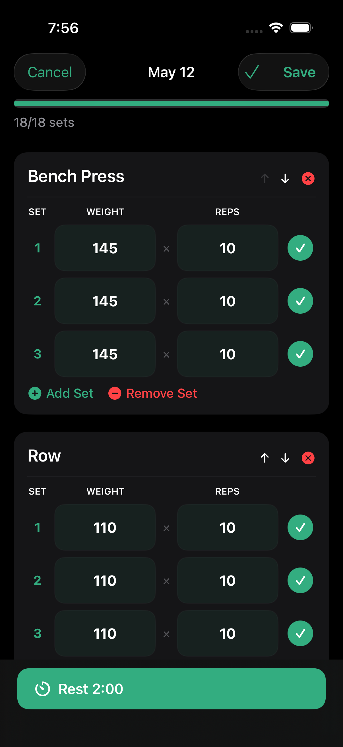 Mid-workout view showing Bench Press and Row sets with a Rest 2:00 timer at the bottom