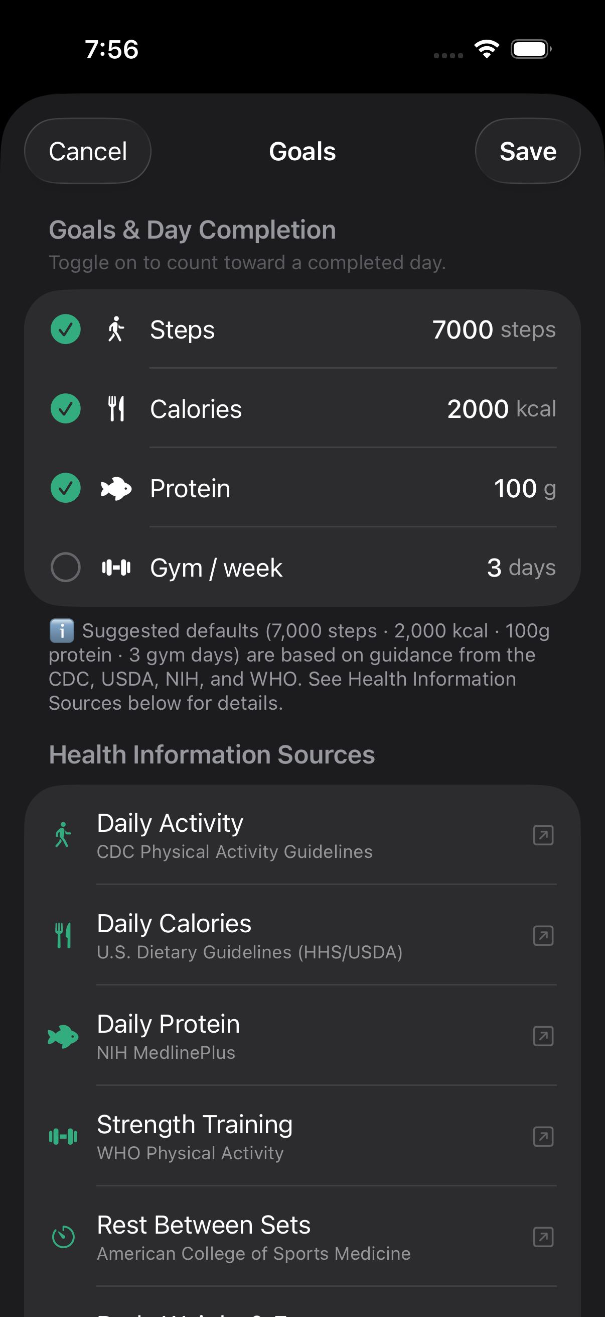 Goals screen with steps, calories, protein, and weekly gym targets