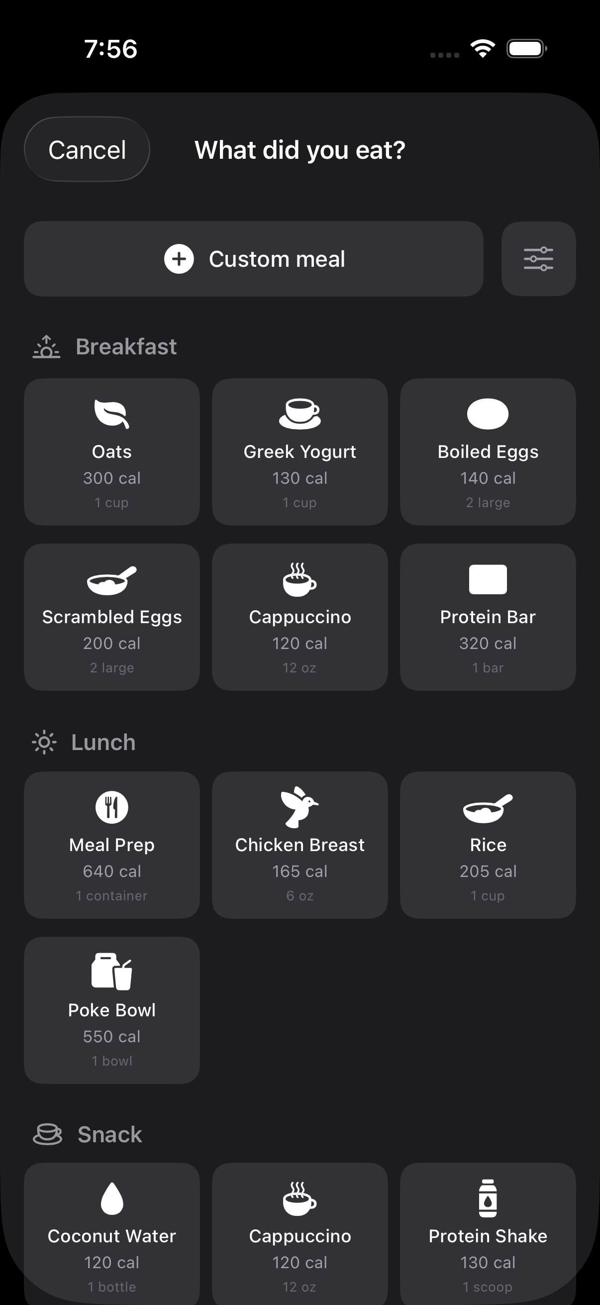 Meal picker showing oats, yogurt, eggs, and other quick-log meals