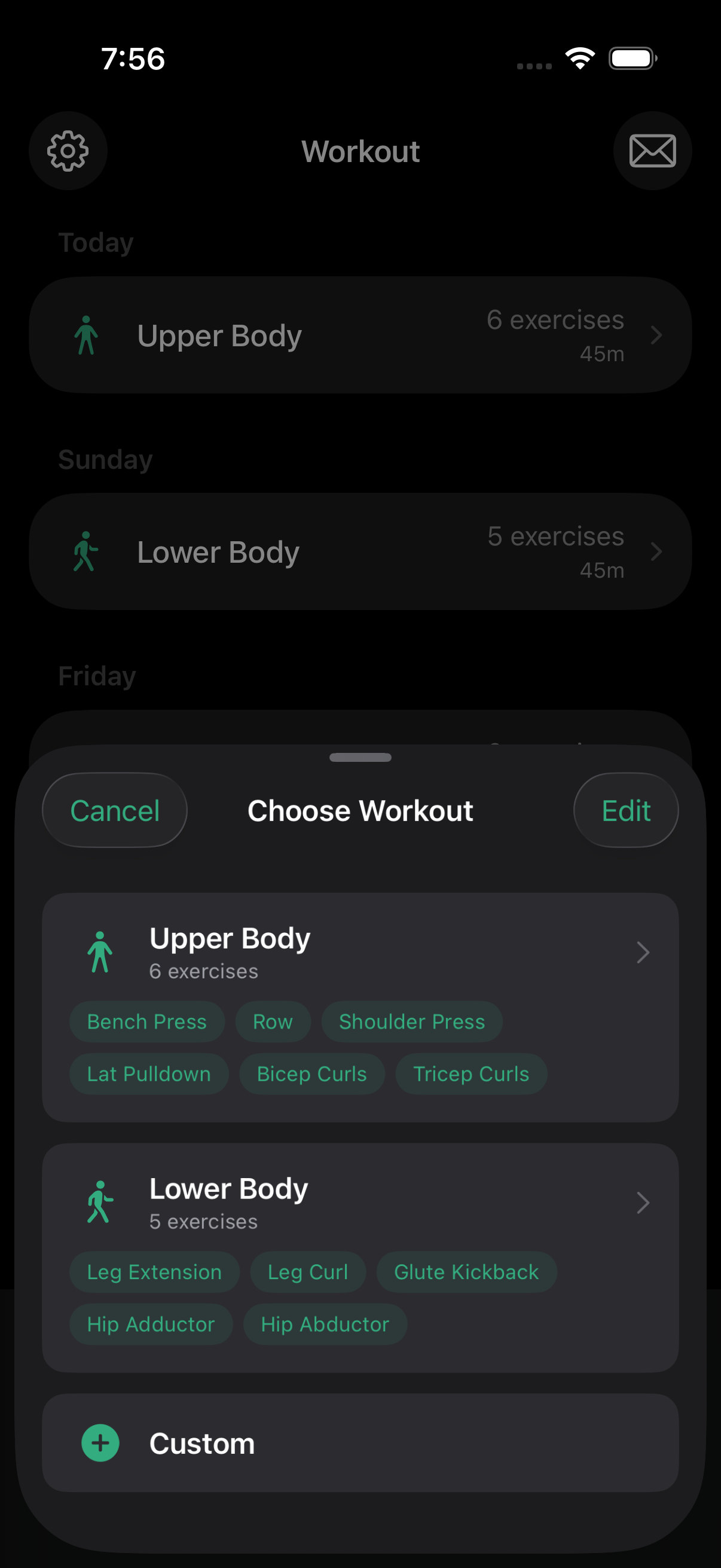 Workout chooser showing Upper Body and Lower Body splits with exercise tags