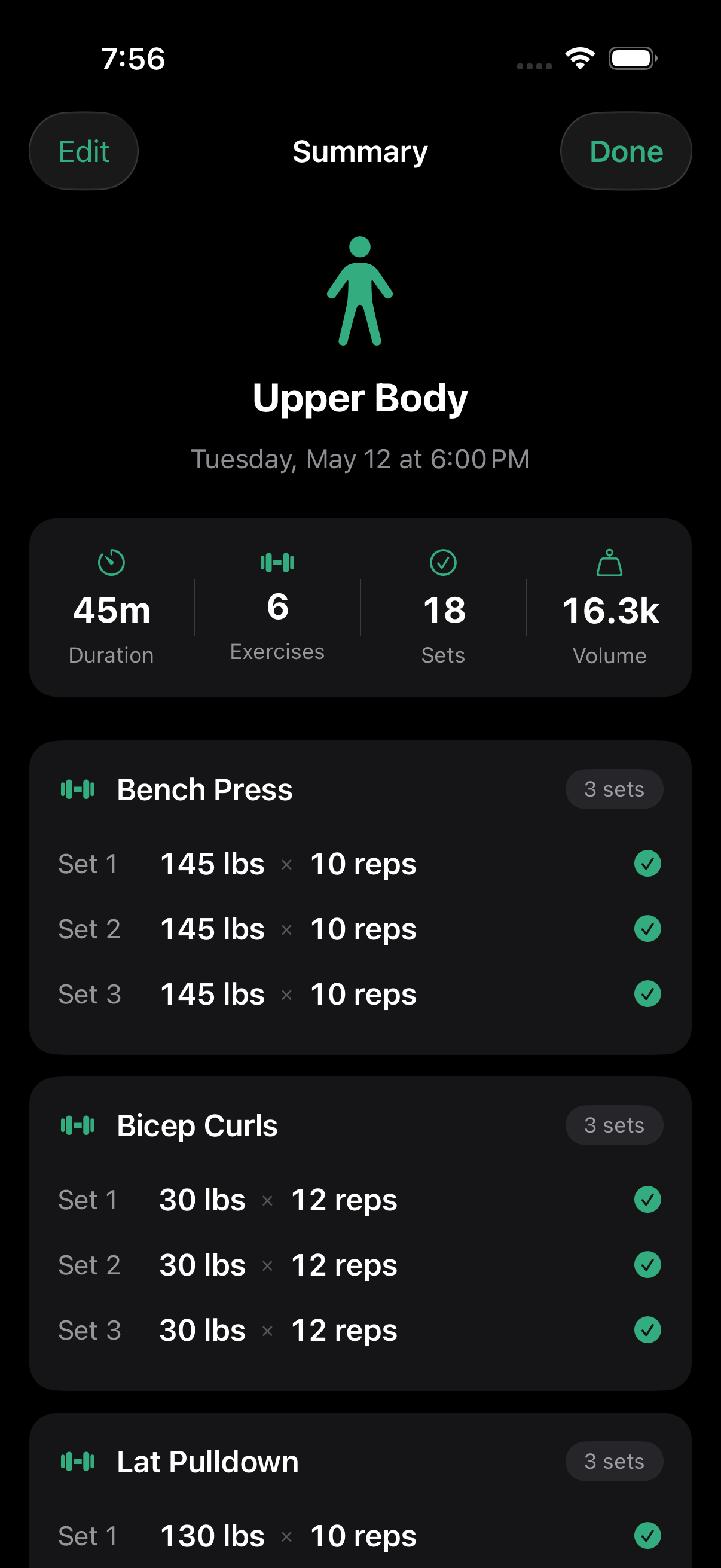 Workout summary showing 45 minutes, 6 exercises, 18 sets, 16.3k volume